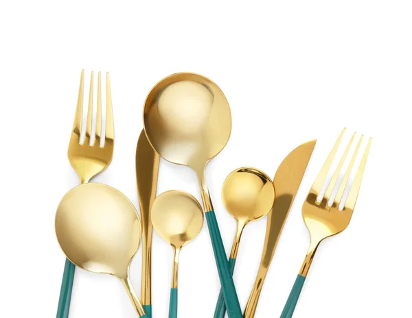 Golden Set Cutlery Blue Handles White Background — Stock Photo, Image