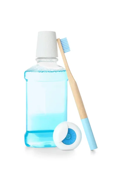 Dental Floss Toothbrush Mouthwash Isolated White Background — Stock Photo, Image