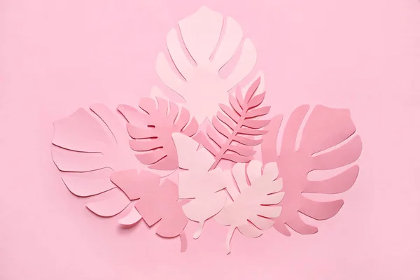 Different Paper Tropical Leaves Pale Pink Background — Stock Photo, Image