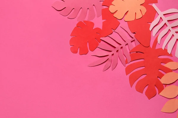 Different Paper Tropical Leaves Pink Background — Stock Photo, Image