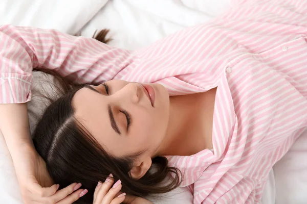 Morning Pretty Young Woman Relaxing Soft Bed — Stock Photo, Image