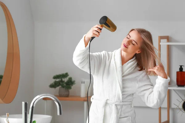 Pretty Young Woman Drying Hair Bathroom — Stock Photo, Image