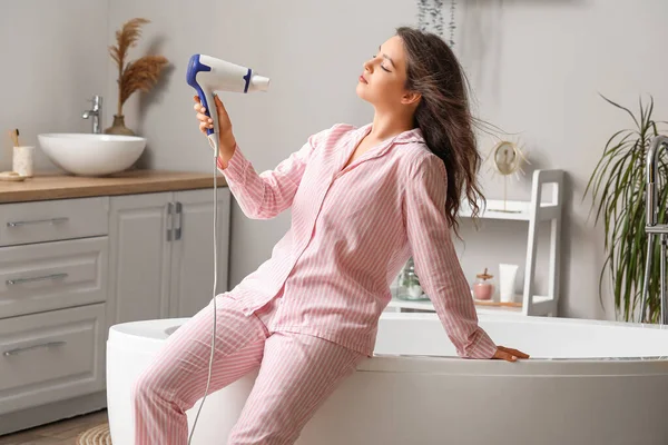 Pretty Young Woman Hair Dryer Bathroom — Stock Photo, Image