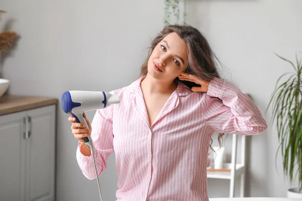 Pretty Young Woman Hair Dryer Bathroom — Stock Photo, Image