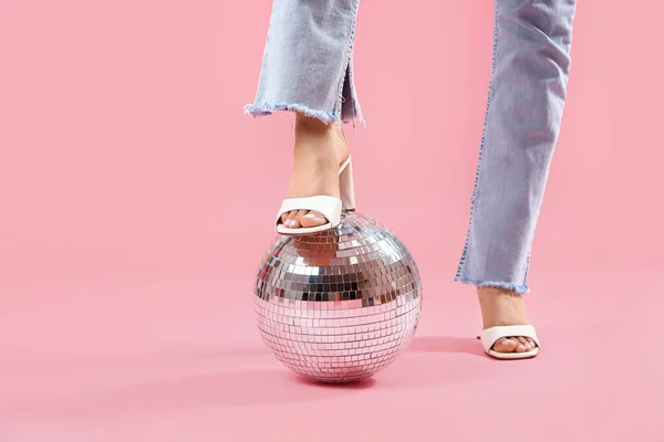 Legs Young Stylish Woman Disco Ball Pink Background — Stock Photo, Image