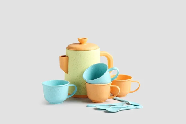 Чай Чашками Ложками Сірому Фоні Дитячий День — стокове фото
