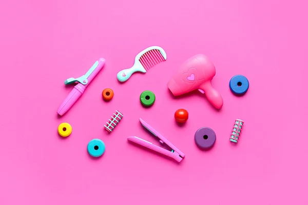 Hairdressing Accessories Set Rings Toy Pyramid Pink Background Children Day — Stock Photo, Image