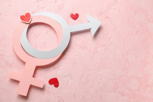 Gender Symbols Woman Man Hearts Grunge Pink Background — Stock Photo, Image