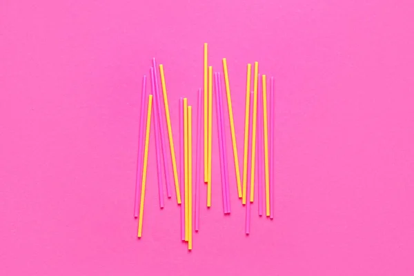 Different Plastic Straws Pink Background — Stock Photo, Image