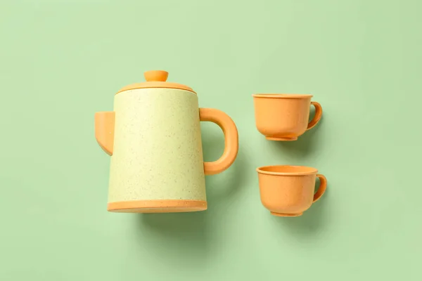 Teapot Cups Baby Pale Green Background — Stock Photo, Image