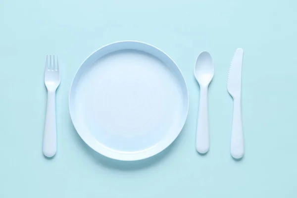 Plate Cutlery Baby Blue Background — Stock Photo, Image