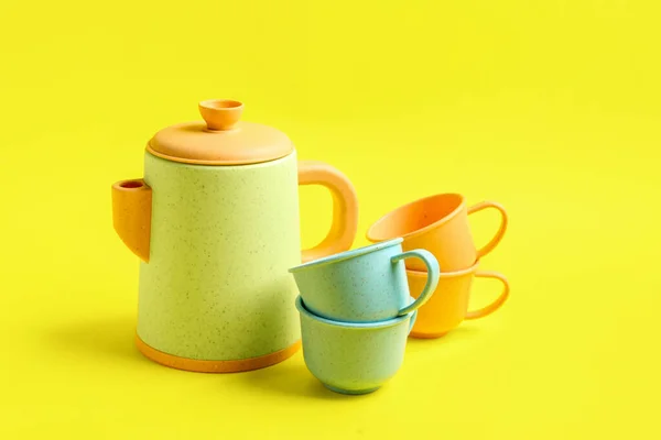 Teapot Cups Baby Yellow Background — Stock Photo, Image