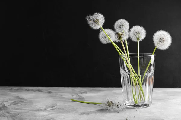 Üveg Fehér Pitypang Virágok Asztalon Sötét Háttér — Stock Fotó