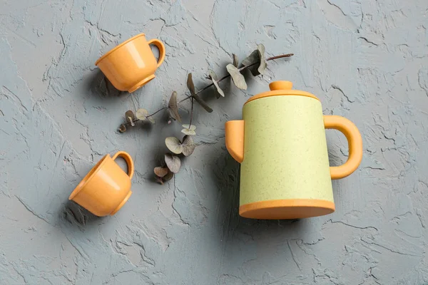 Teapot Cups Baby Eucalyptus Branch Grunge Grey Background — Stock Photo, Image