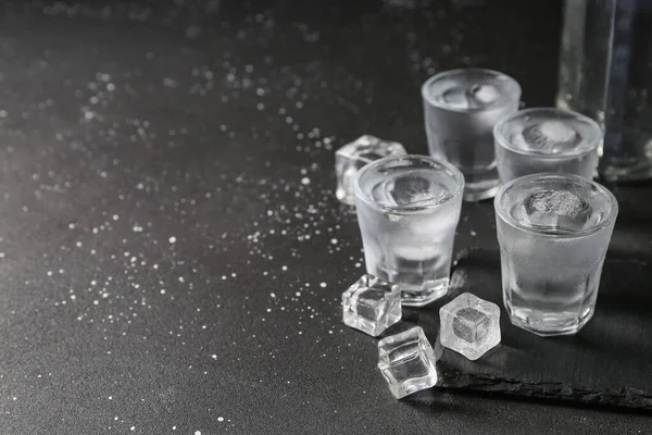 Shots Vodka Ice Cubes Black Background — Stock Photo, Image