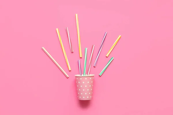 Paper Cup Different Drinking Straws Pink Background — Stock Photo, Image