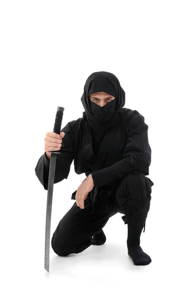 Muž Ninja Mečem Bílém Pozadí — Stock fotografie