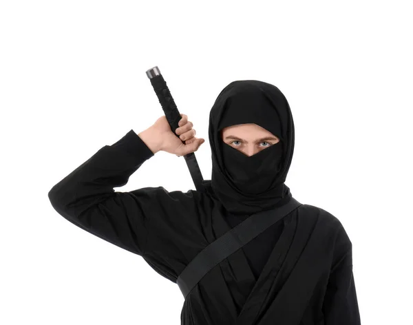 Männlicher Ninja Mit Schwert Auf Weißem Hintergrund — Stockfoto
