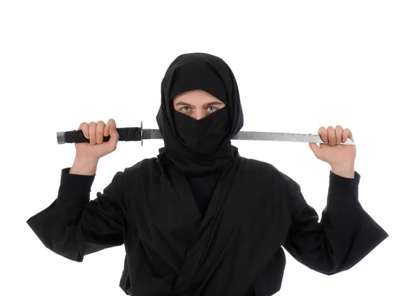Man Ninja Med Svärd Vit Bakgrund — Stockfoto