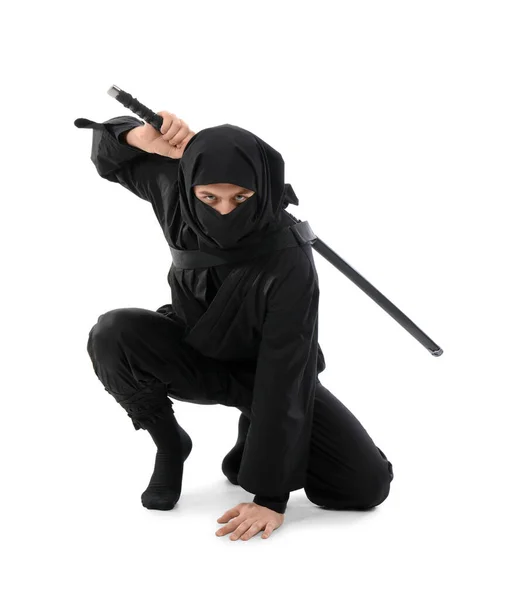 Ninja Mâle Avec Épée Isolé Sur Blanc — Photo
