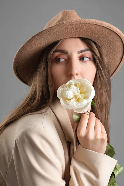 Beautiful Young Woman Peony Flower Grey Background — Stock Photo, Image