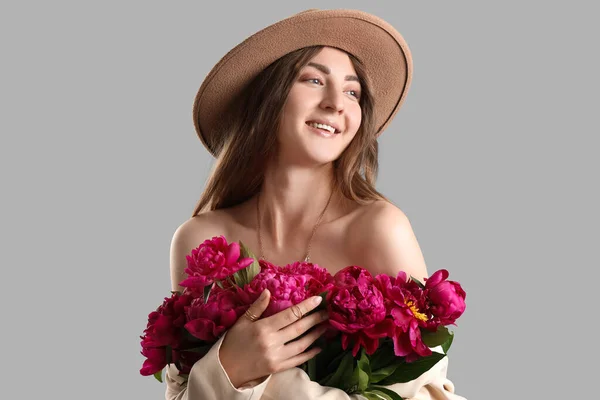 Beautiful Young Woman Bouquet Peony Flowers Grey Background — Stock Photo, Image