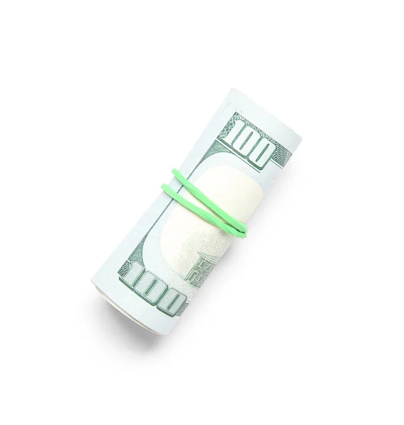 Beyaz Arka Planda Izole Edilmiş Lastik Bantlı 100 Dolarlık Banknotlar — Stok fotoğraf