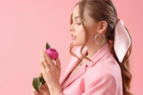 Beautiful Young Woman Peony Flower Pink Background — Stock Photo, Image