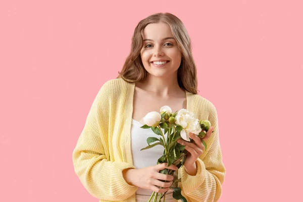 Beautiful Young Woman Bouquet Peony Flowers Pink Background — Stock Photo, Image
