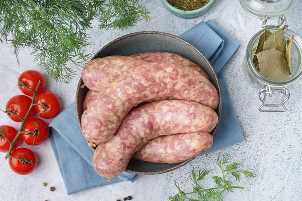 Bowl Raw Homemade Sausages Light Background — Stock Photo, Image