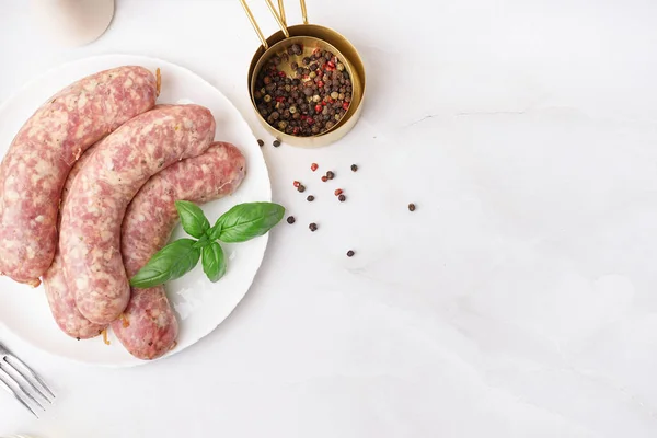 Plate Raw Homemade Sausages Light Background — Stock Photo, Image