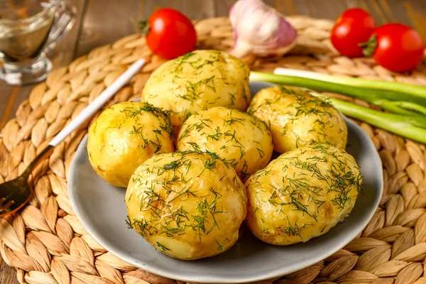 Plate Boiled Baby Potatoes Dill Green Onion Closeup — Stock Photo, Image