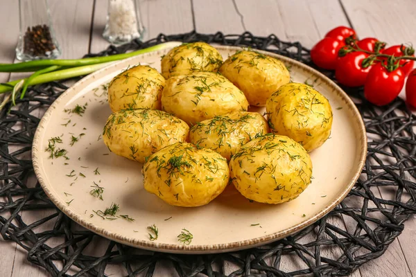 Plate Boiled Baby Potatoes Dill Tomatoes Grey Wooden Background — Stock Photo, Image