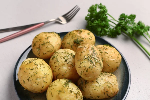 Plate Boiled Baby Potatoes Dill Parsley White Background — Stock Photo, Image