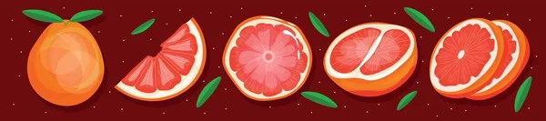 Set Rijpe Grapefruits Rode Achtergrond — Stockvector