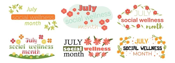 Banner Set Mit Text July Social Wellness Month Und Blumen — Stockvektor