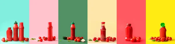 Conjunto Ketchup Saboroso Fundo Cor — Fotografia de Stock