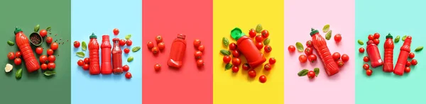 Набор Вкусного Кетчупа Цветном Фоне Вид Сверху — стоковое фото
