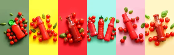 Conjunto Ketchup Saboroso Fundo Cor Vista Superior — Fotografia de Stock