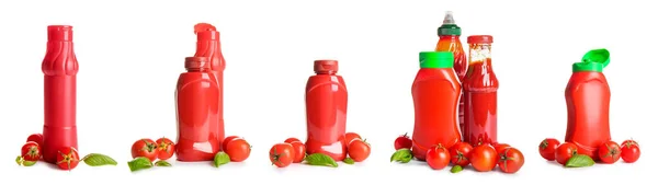 Uppsättning Välsmakande Ketchup Vit Bakgrund — Stockfoto