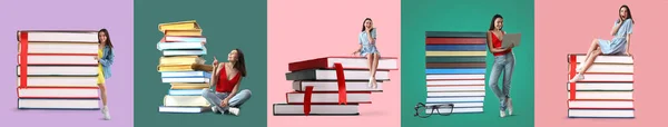Uppsättning Unga Kvinnor Och Många Stora Böcker Färgglada Bakgrund — Stockfoto