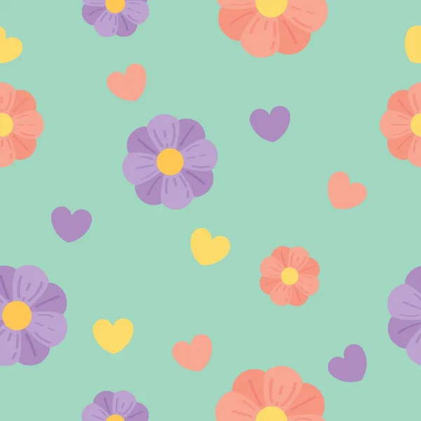 Bunte Blumen Und Herzen Auf Farbigem Hintergrund Muster Für Die — Stockvektor
