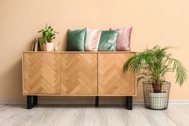 Odada bej duvarın yanında yastıklı çekmeceler ve bitkiler var.