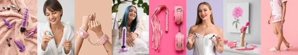 Samling Unga Kvinnor Med Leksaker Från Sexbutiken — Stockfoto