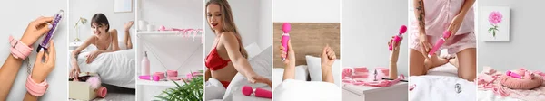 Collage Mujeres Jóvenes Con Juguetes Sex Shop —  Fotos de Stock