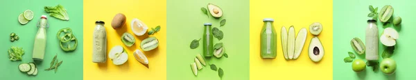 Collage Batidos Verdes Botellas Sobre Fondo Color — Foto de Stock