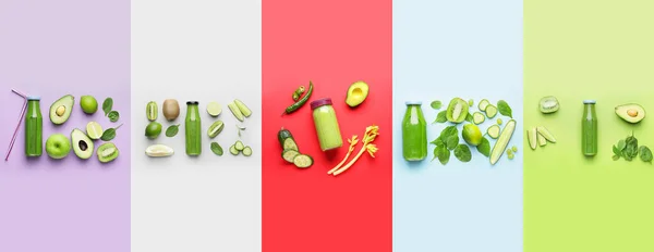 Collage Grüner Smoothies Flaschen Auf Farbigem Hintergrund — Stockfoto