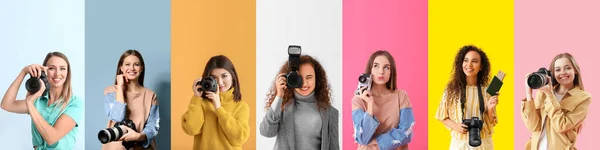 Collage Met Vrouwelijke Fotografen Kleur Achtergrond — Stockfoto