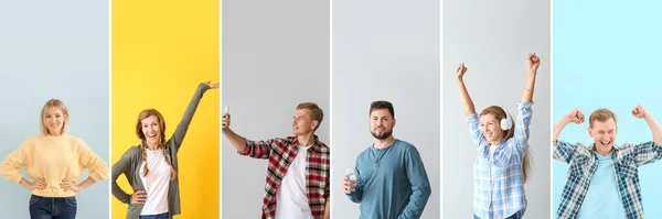 Collage Glada Ungdomar Ljus Och Färg Bakgrunder — Stockfoto