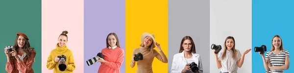 Collage Female Photographers Color Background — Stock Photo, Image